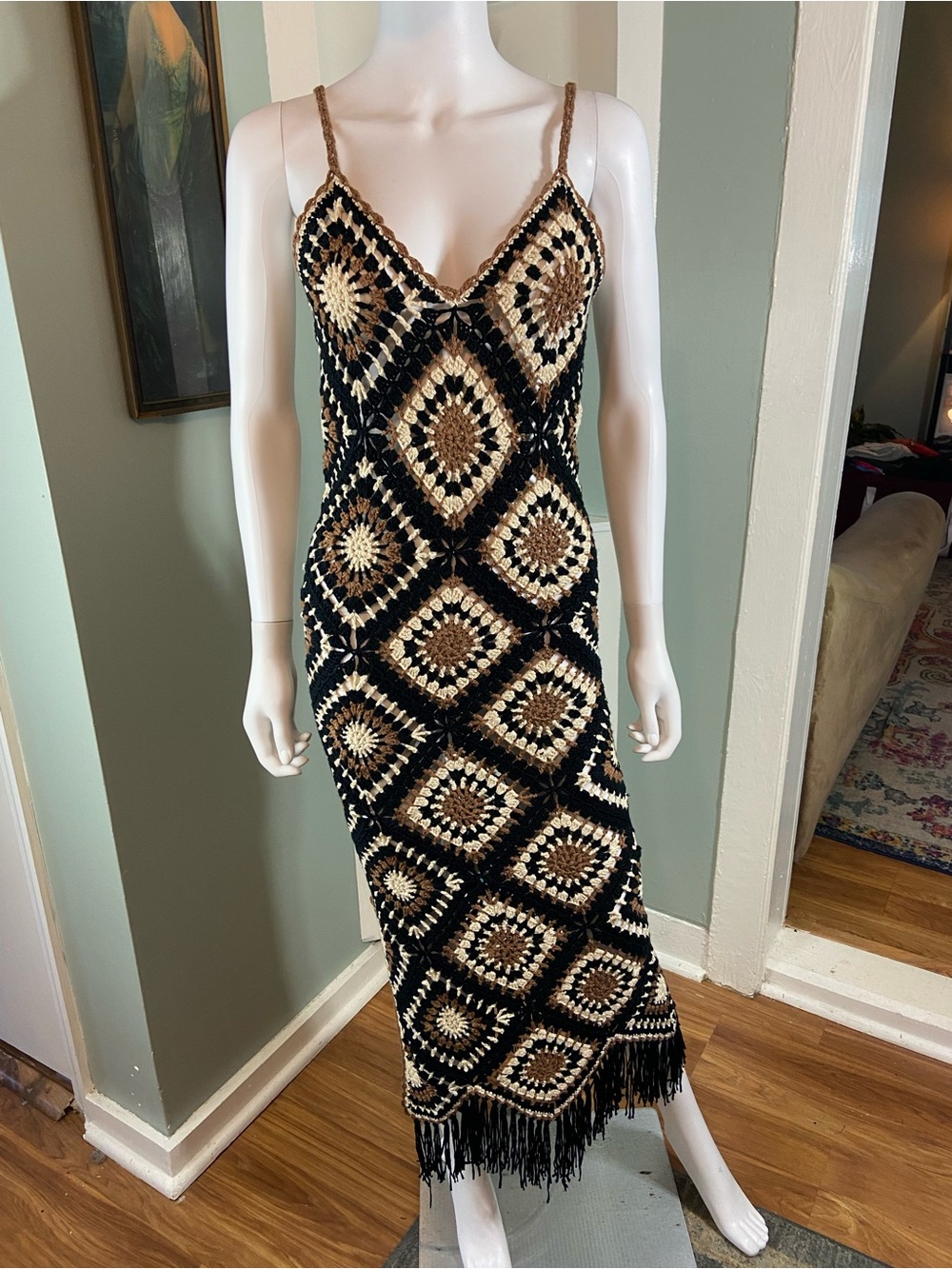 Elan Crochet Aleki Granny Square Fringe Slip Maxi Dress Sheer Coverup Small [TE] - Picture 2 of 13